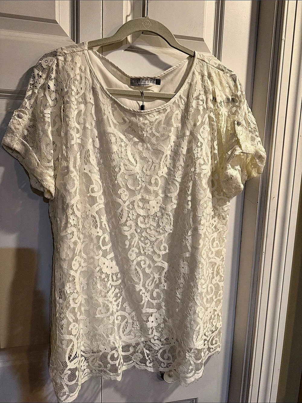 solitaire Floral Lace Short Sleeve Blouse White Size 2X